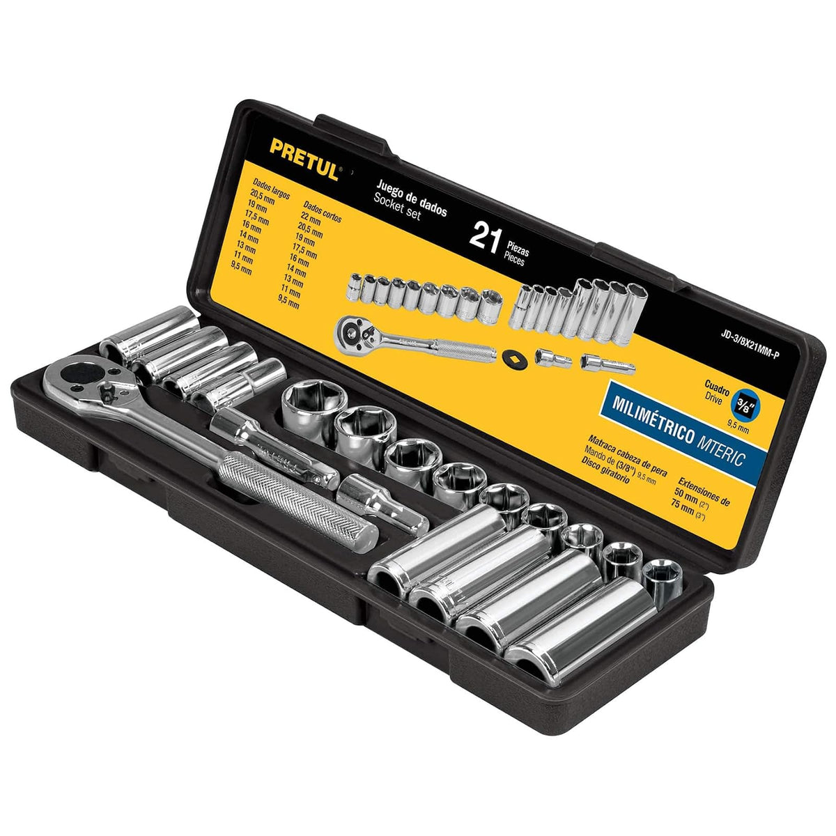 Pretul Juego de Dados 21 Piezas Cuadro 3/8" con Estuche - Milimetrico
