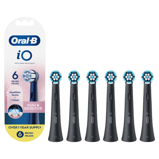 Oral-B iO Gum & Sensitive Cabezales de repuesto, cabezales de cepillo para polvo de dientes eléctrico, negro, 6 unidades