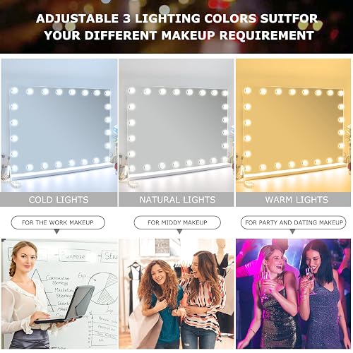 Despful - Espejo de Maquillaje con Luces de 80 x 59 cm, 10 Espejos Grandes con iluminación de Hollywood con 24 Bombillas LED Regulables, 3 Modos de Color, Control táctil para recámara, Mesa o Pared,