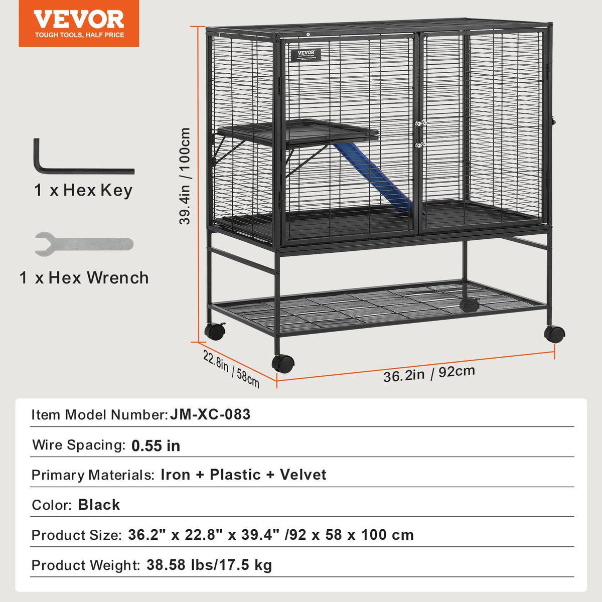 VEVOR Jaula de hurón de Metal rodante de 39 Pulgadas, Jaula Grande de 2 Niveles, Jaula de Animales pequeños con rampas y Bandeja, fácil de Instalar para Ratones de Mascotas, hámster, Conejillo de