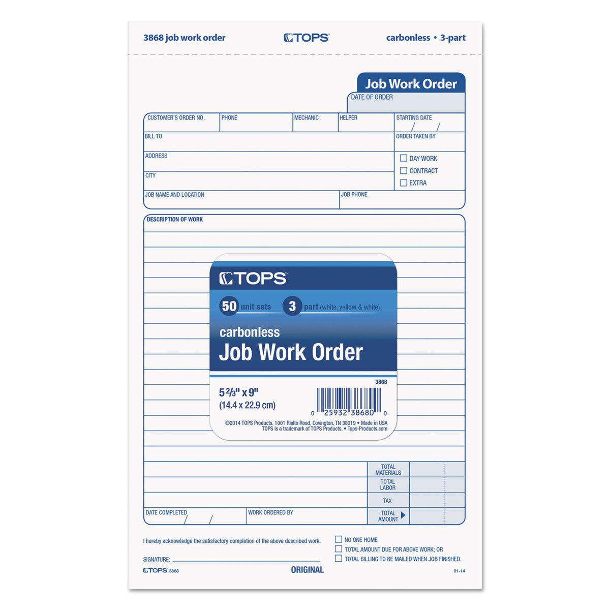 TOPS 3868 - Formulario de orden de trabajo de ajuste, 5 2/3 pulgadas x 8 5/8 pulgadas, 3 partes sin carbono (paquete de 50 formas)