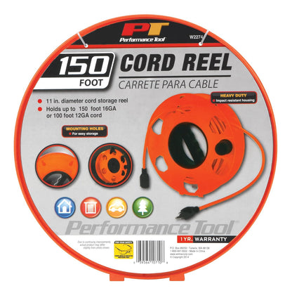 Performance Tool W2274 Carrete de Cable Resistente de 11 Pulgadas para Sujetar Cables de extensión, Naranja, Capacidad de 150 pies