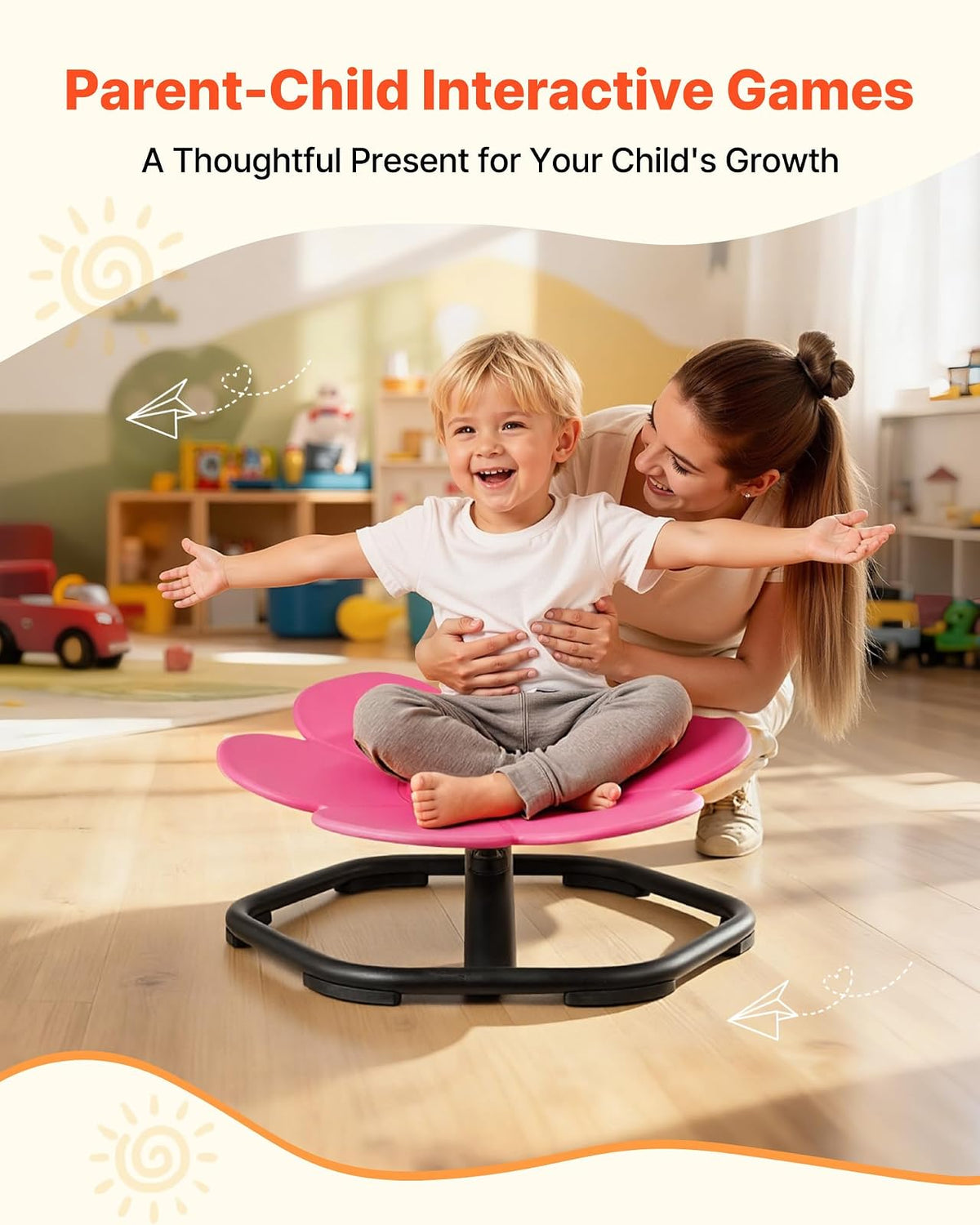 VEVOR Silla Giratoria Infantil Sensorial, con Forma de Flor, hasta 100 kg, con Base Metálica Antideslizante, Favorece la Coordinación, el Equilibrio y la Concentración, Rosa, 62 x 62 x 25,5 cm