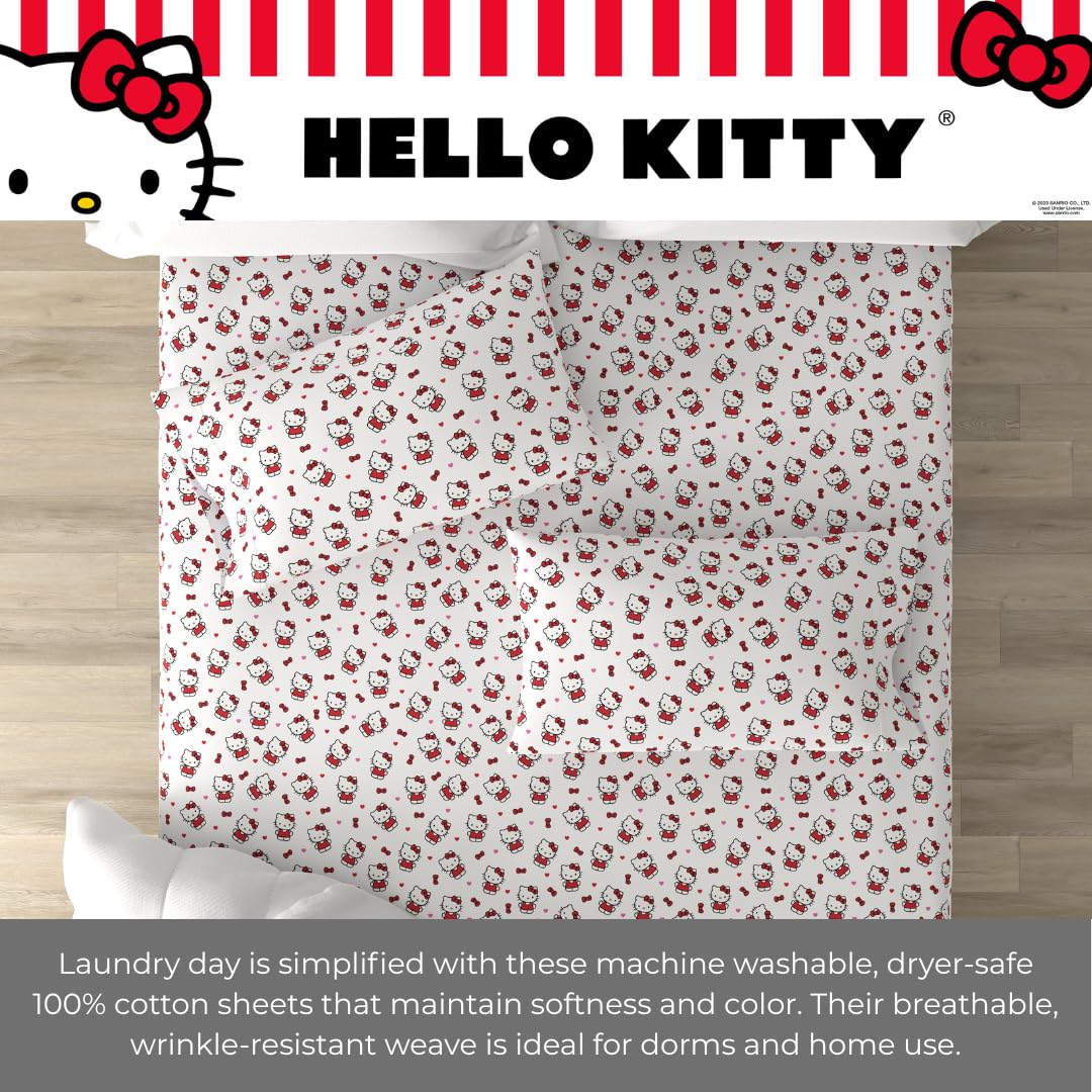 Franco Collectibles Hello Kitty Bedding Juego de sábanas de algodón súper Suave de 3 Piezas Individual XL, Esenciales para recámara Universitario (Producto con Licencia Oficial)