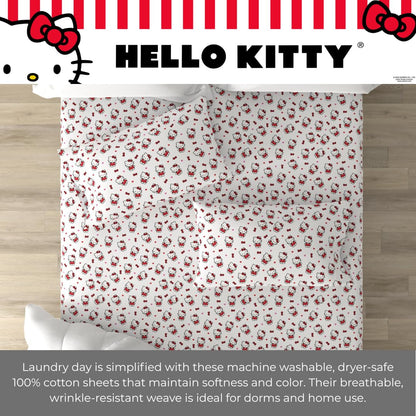 Franco Collectibles Hello Kitty Bedding Juego de sábanas de algodón súper Suave de 3 Piezas Individual XL, Esenciales para recámara Universitario (Producto con Licencia Oficial)