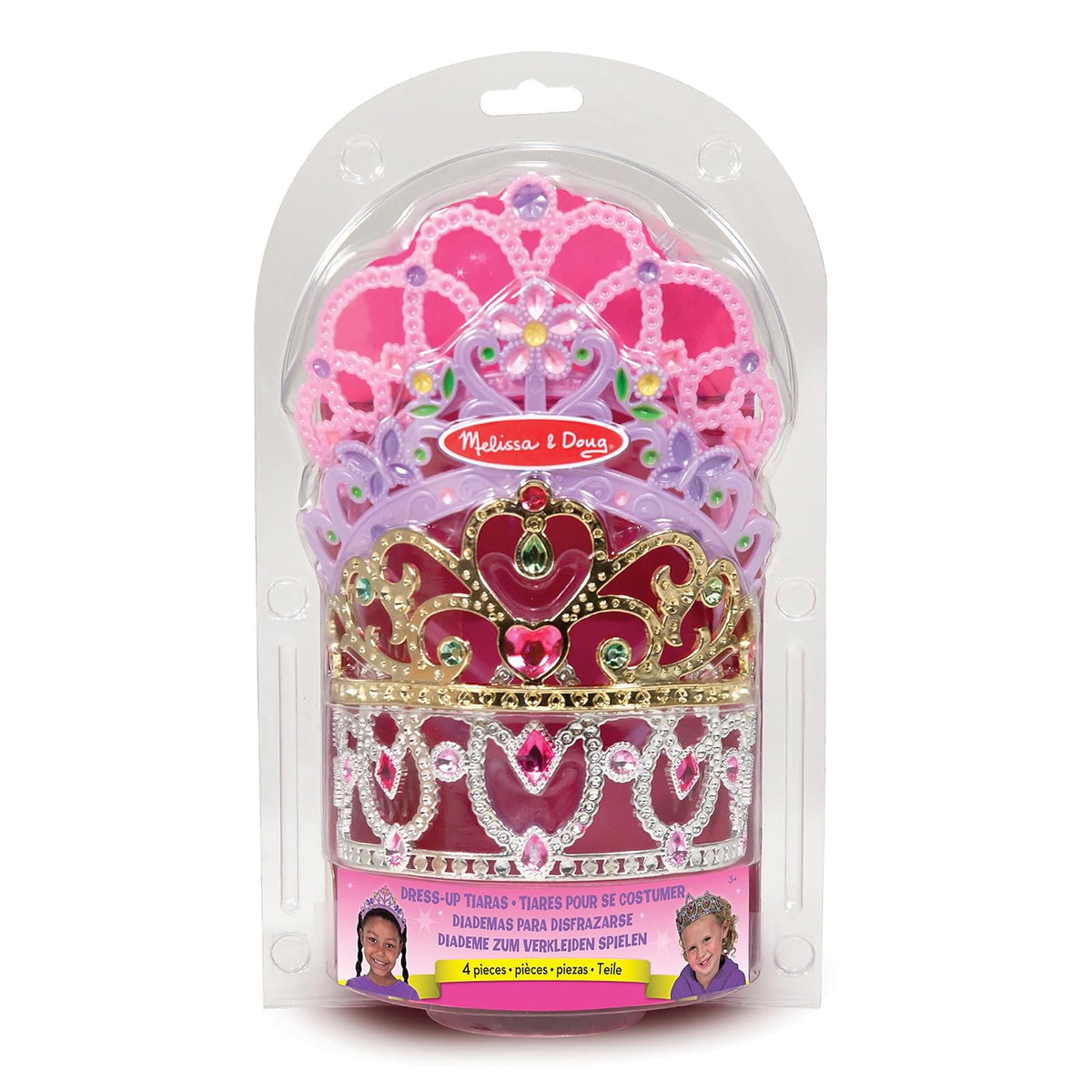 Melissa & Doug Colección de Tiaras Enjoyadas para Juego Imaginativo, Construcción Duradera, Disfraces para Niños, Juego de Simulación (4 Tiaras y Coronas de Disfraz)