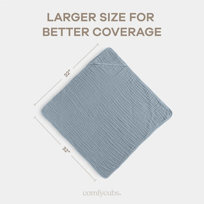 Comfy Cubs Toalla con Capucha para Bebé, Grande, 81 × 81 cm, Paquete de 1 | Azul Pacífico - 6 Capas Algodón Muselina 100% – Suave y Absorbente para Bebés, Niños y Niñas para la Hora del Baño