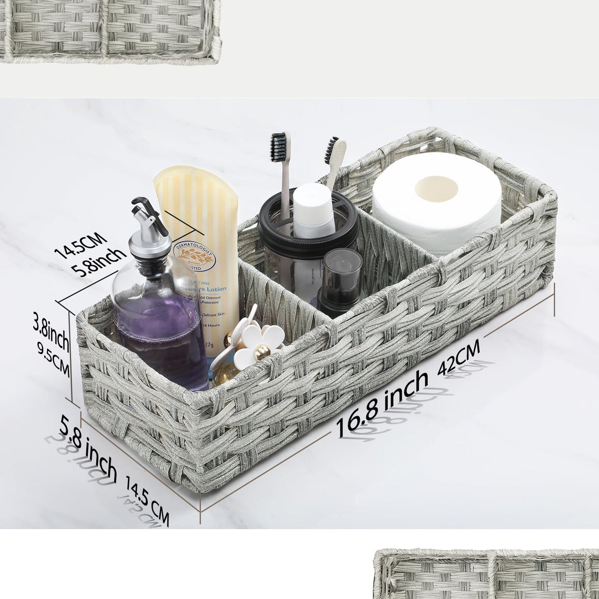 AOZITA Cesta de Papel para Inodoro con Divisor | Lavado gris, tejido a mano, mimbre plástico, almacenamiento múltiple