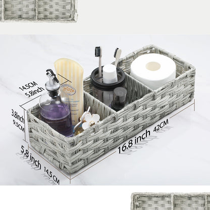 AOZITA Cesta de Papel para Inodoro con Divisor | Lavado gris, tejido a mano, mimbre plástico, almacenamiento múltiple