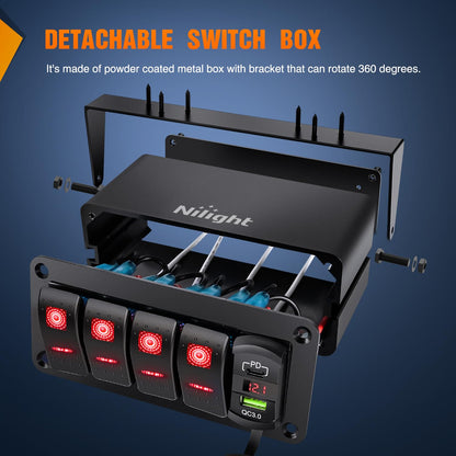 Nilight - Caja de interruptores basculantes de 4 bandas de 12 V SPST ON Off Switches PD tipo C y QC 3.0 USB Cargador Voltímetro Luz LED Impermeable de Aluminio Soporte Panel Pegatinas DIY para Bote,