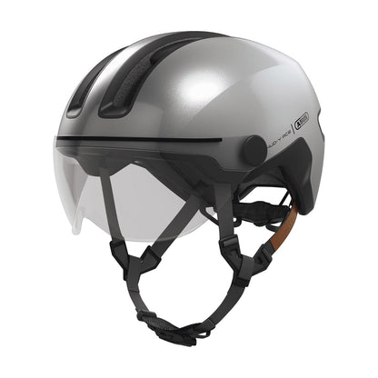 ABUS Casco Urbano HUD-Y Ace - Elegante Casco de Bicicleta con Visera y luz LED Trasera magnética y Recargable - para Hombre y Mujer - Plata, Talla M