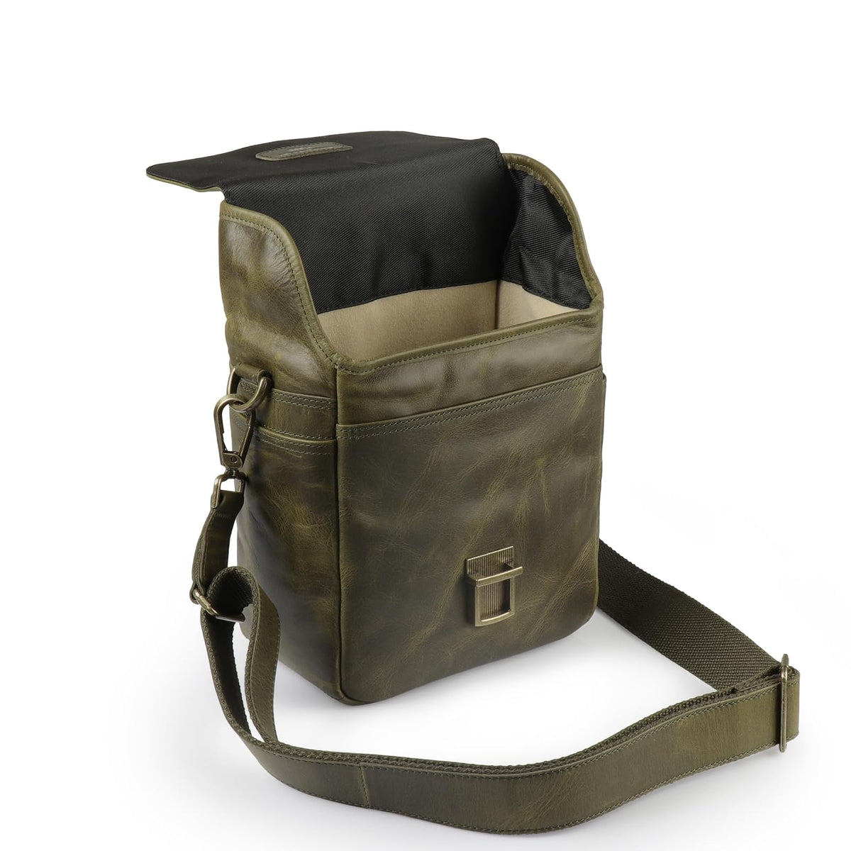 MegaGear Torres Mini MG1701 Para cámaras sin espejo, instantáneas y DSLR - Bolsa bandolera de cuero auténtico - Olive