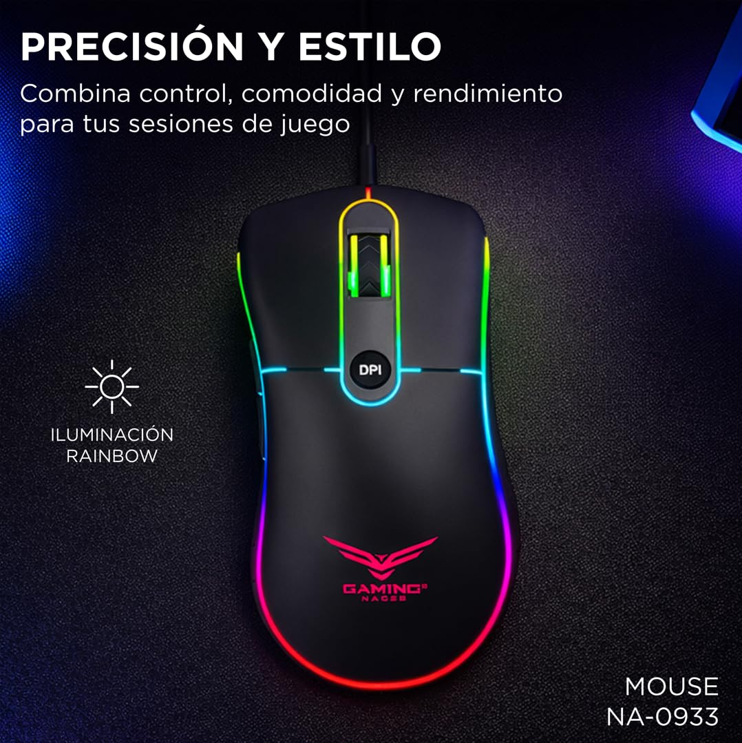 Gaming Naceb Mouse Gamer Retroiluminado NA-0933 RGB con Cable USB - Mouse Ergonómico dpi Ajustable hasta 3200 con 4 Botones Programables para PC Gaming - Negro