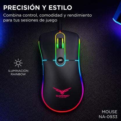 Gaming Naceb Mouse Gamer Retroiluminado NA-0933 RGB con Cable USB - Mouse Ergonómico dpi Ajustable hasta 3200 con 4 Botones Programables para PC Gaming - Negro