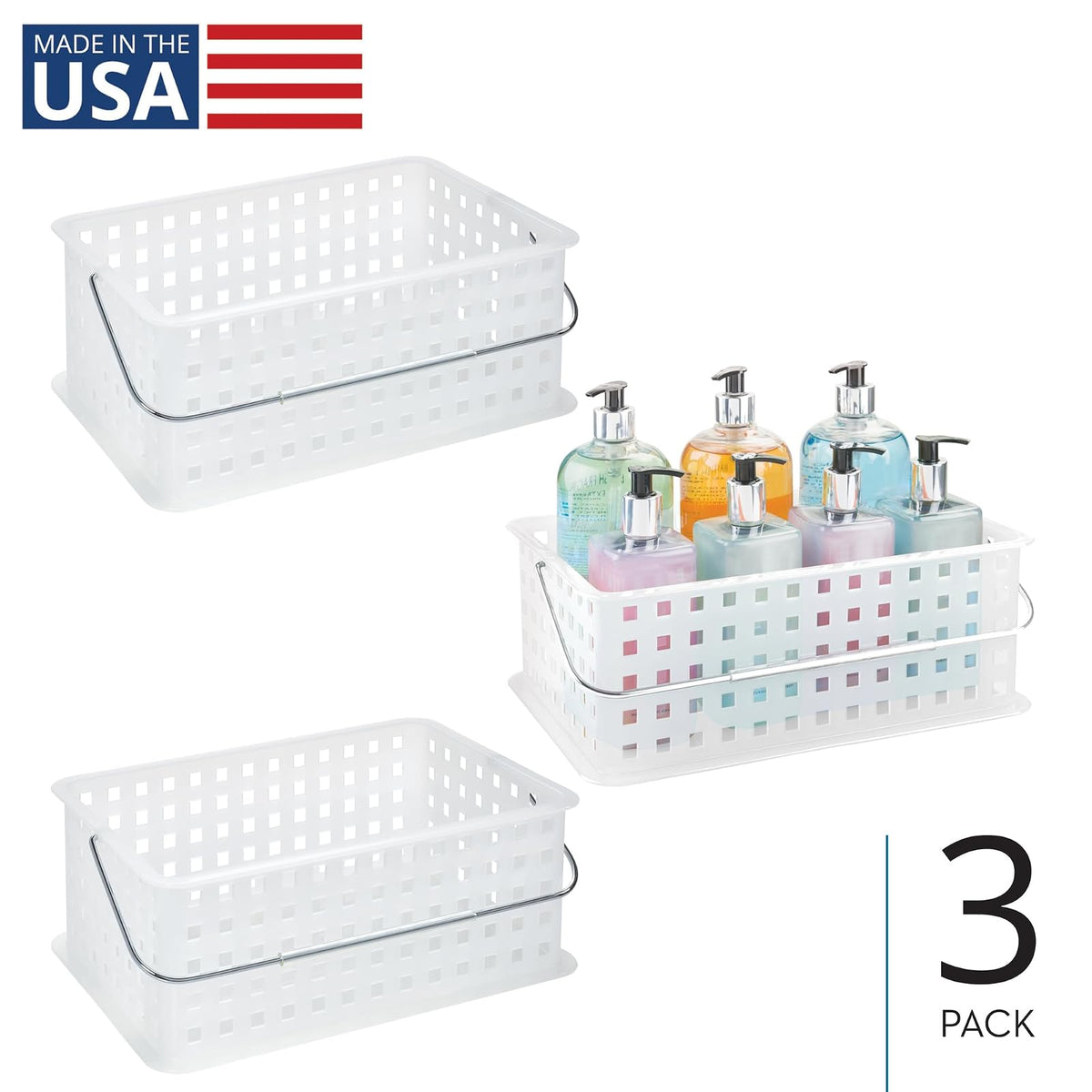 iDesign - Cesta de ducha portátil para recámara o baño, juego de 3 unidades, transparente/escarcha, fabricada en Estados Unidos
