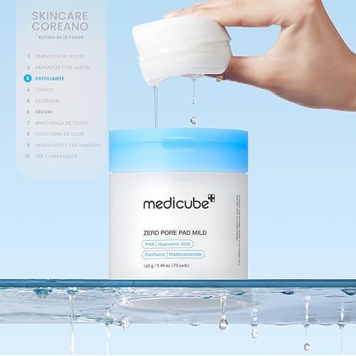 MEDICUBE Zero Pore Madecassoside Pads Mild, Pads Tonificantes Faciales con PHA, Madecassoside, Pantenol y Ácido Hialurónico, Exfoliación Suave para Piel Sensible, 70 Pads