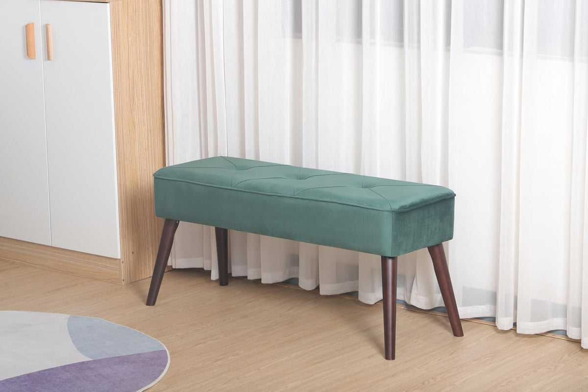 Sochic Taburete Tapizado en Terciopelo Verde con Patas de Madera de Caucho de Nogal y Marco de Madera