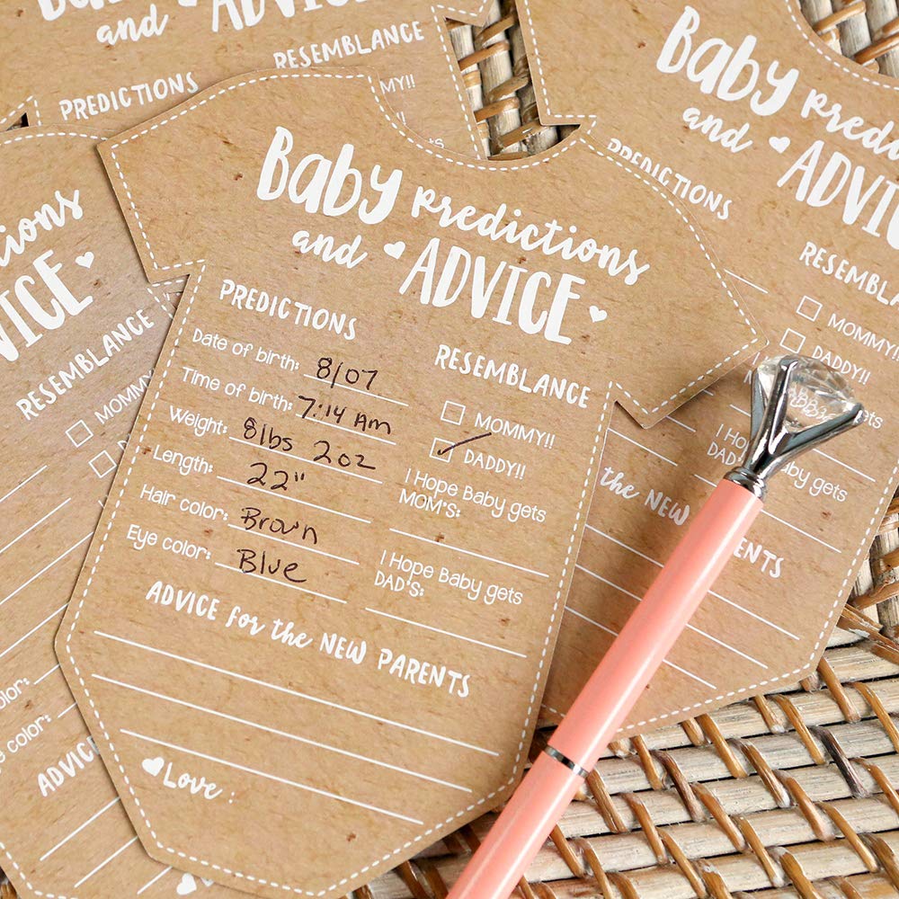 Kate Aspen - Tarjetas de consejos para baby shower – 50 unidades en forma de overol para niñas o niños, decoración neutra de género, decoración de mesa, actividad y recuerdo para nuevos padres