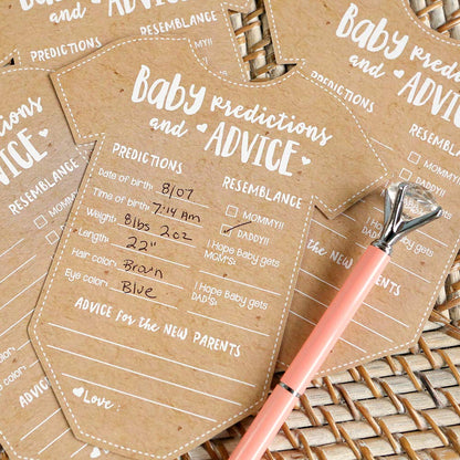 Kate Aspen - Tarjetas de consejos para baby shower – 50 unidades en forma de overol para niñas o niños, decoración neutra de género, decoración de mesa, actividad y recuerdo para nuevos padres