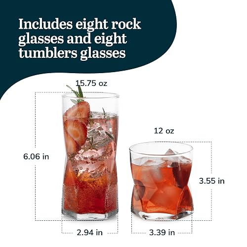Libbey Rhombus - Juego de vasos y rocas (16 piezas)