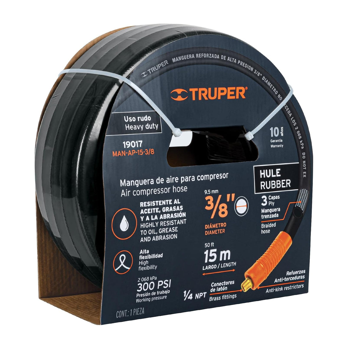 Truper Manguera para Alta Presión con Conexiones de Latón, para Herramienta Neumática - 3 - 8" x 49' (15 m) - 3 - 8"