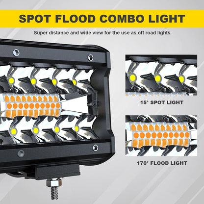 FEELON LED Light Bar 4PCS 4'' Inch White/Amber Yellow LED Pods Equivalent to 240-Watt Strobe Light Driving Fog Lights Triple Row Off Road Lights with Six Modes for SUV ATV UTV Trucks Pickup Lamp