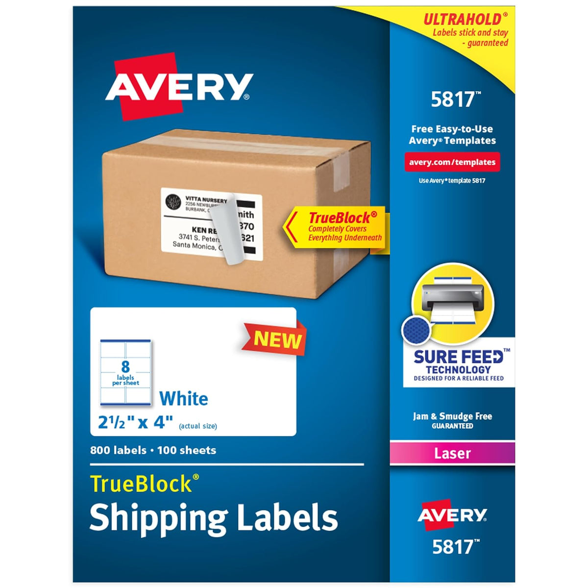 Avery Etiquetas de envío en blanco imprimibles, 2.5 x 4 pulgadas, blanco, 800 etiquetas, impresora láser, adhesivo permanente (5817)