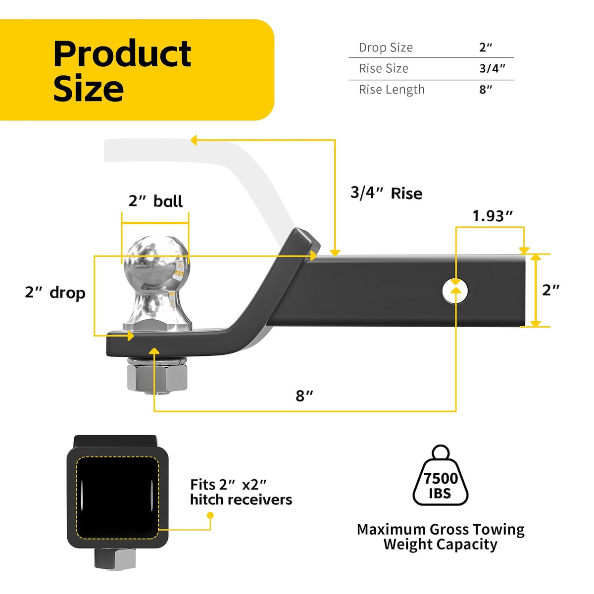MAXXHAUL 50547 - Soporte de Enganche de Remolque con Bola y Pin de 2 Pulgadas, se Adapta a Receptor de 2 Pulgadas, Capacidad de caída de 8 Libras