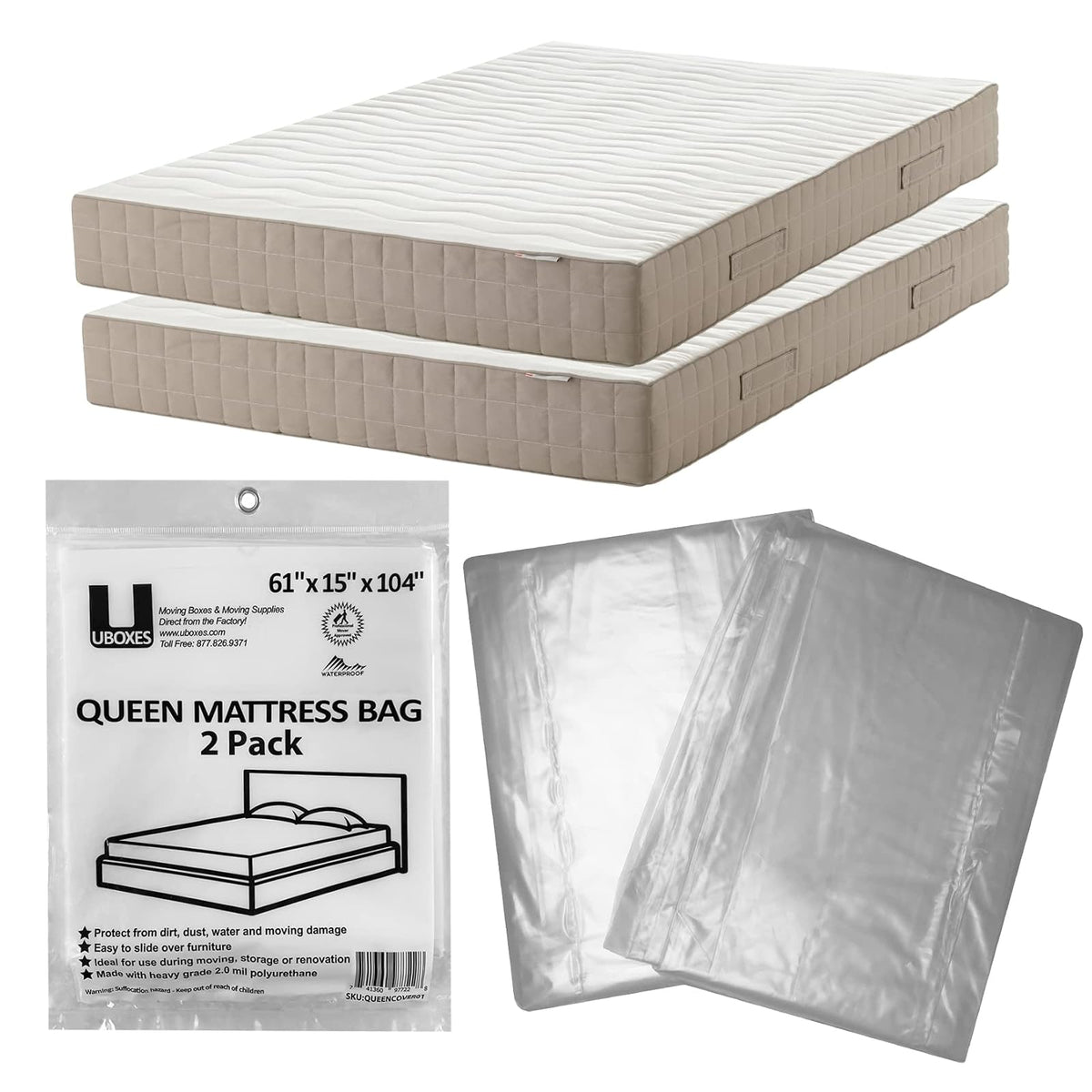 UBOXES Cubiertas/Bolsas de colchón de tamaño Queen, de 155 cm x 38 cm x 228 cm, Suministros de mudanza (Queencover02)