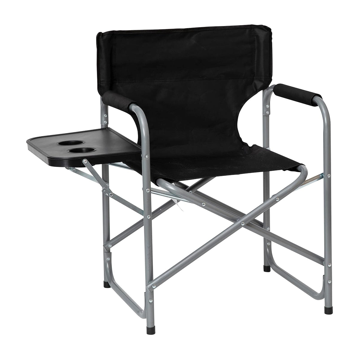 Flash Furniture Folding Directors Camping Chair - Portable Black Sports Chair with Cupholder Side Table - Indoor/Outdoor Steel Tube Framed Foldable Chair