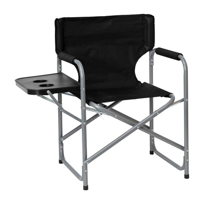 Flash Furniture Folding Directors Camping Chair - Portable Black Sports Chair with Cupholder Side Table - Indoor/Outdoor Steel Tube Framed Foldable Chair