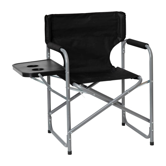 Flash Furniture Folding Directors Camping Chair - Portable Black Sports Chair with Cupholder Side Table - Indoor/Outdoor Steel Tube Framed Foldable Chair
