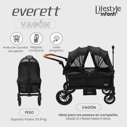 INFANTI | Vagón EVERETT Doble | Soporta 50 kg | Asientos Seguros Toldos Desmontables | Mango Ajustable | Ruedas con Amortiguación | Frenos Integrados | Plegado Compacto | Color Negro