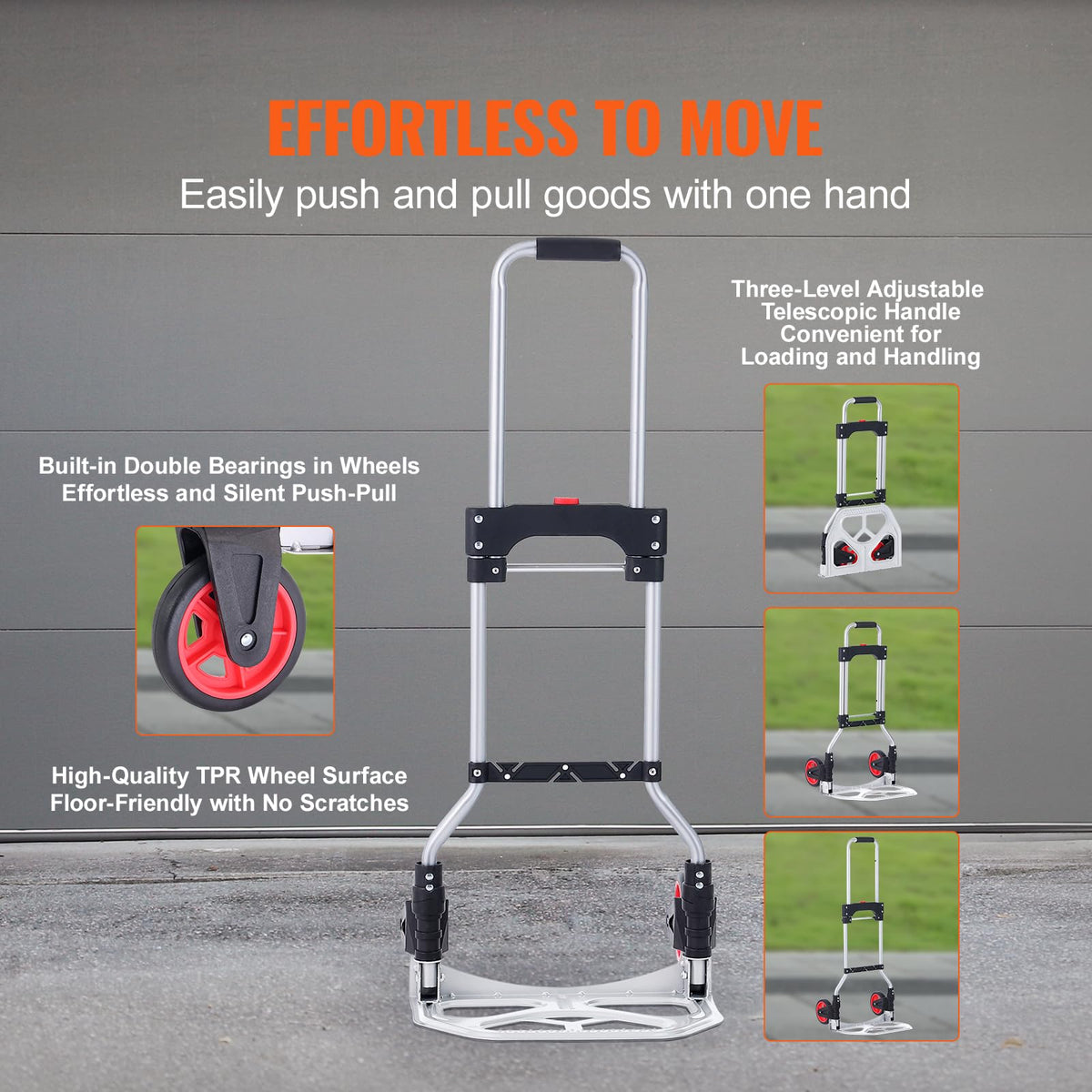 VEVOR - Camión de Mano Plegable, Capacidad de Carga de 80 kg, Carro portátil de Aluminio, camión de Mano Convertible y Carro con asa telescópica y Ruedas de Goma, Ultraligero, súper Fuerte para