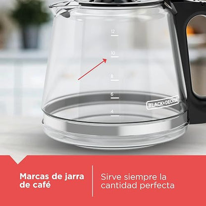 Black+Decker Cafetera Programable 12 Tazas con Filtro Permanente, CM1110B | Panel digital para programar la hora de tu café con sistema de goteo Vortex y jarra de vidrio