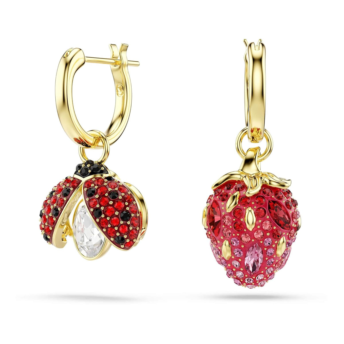 Swarovski Idyllia - arete colgantes (3), catarina, trébol, fresa, multicolor, baño dorado