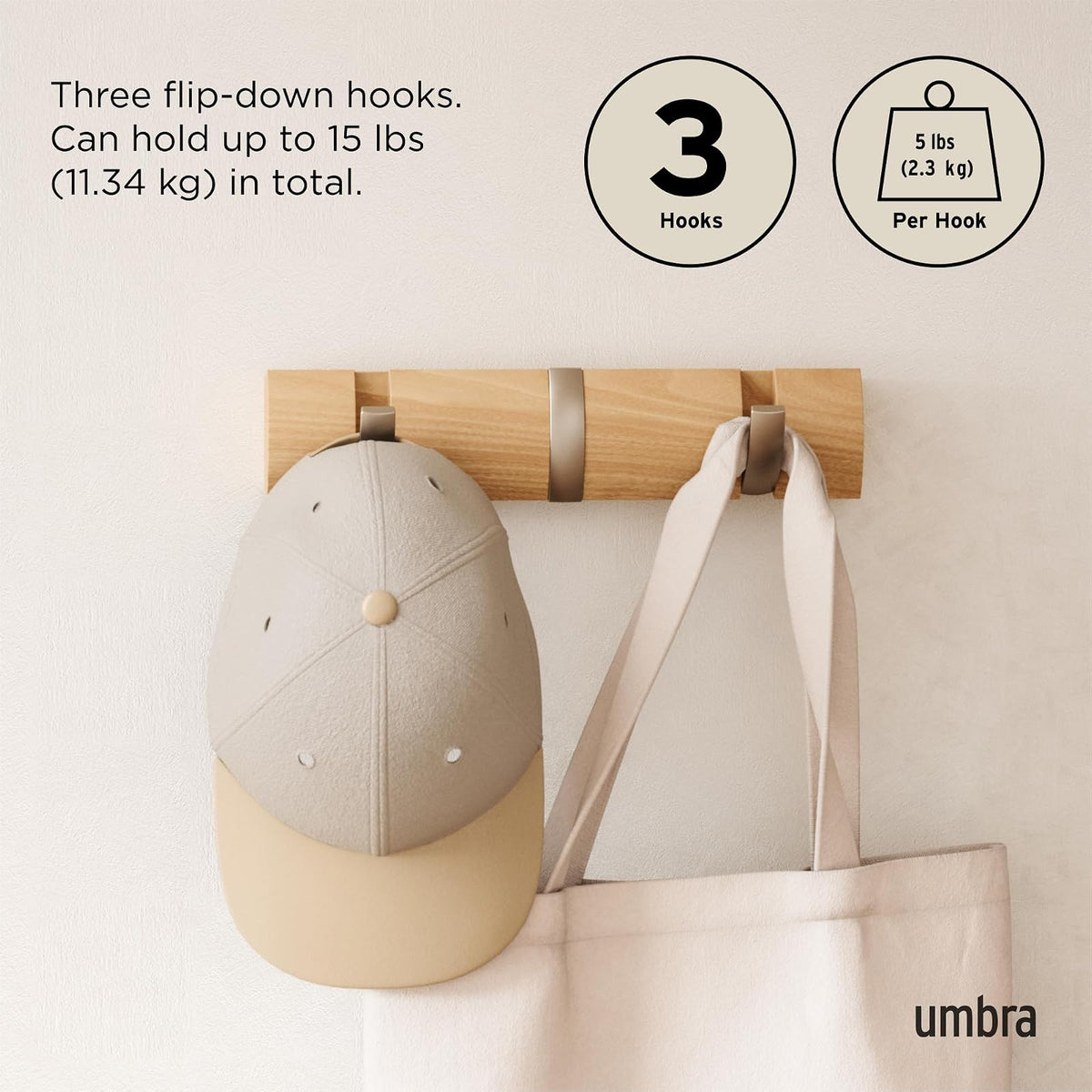 UMBRA - Perchero abatible para colgar en la pared con 3 ganchos – Moderno, ahorro de espacio para sombreros, chaquetas, bolsos, entrada, vestíbulo, clóset, baño, recámara, natural/níquel