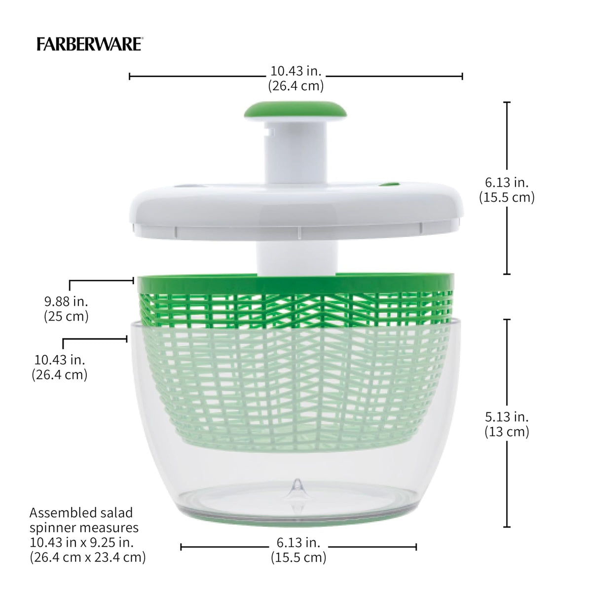 Farberware - Bomba giratoria profesional fácil de usar con tazón, colador y sistema de drenaje integrado para ensaladas y productos frescos, crujientes y limpios, 6.6 cuartos de galón, verde