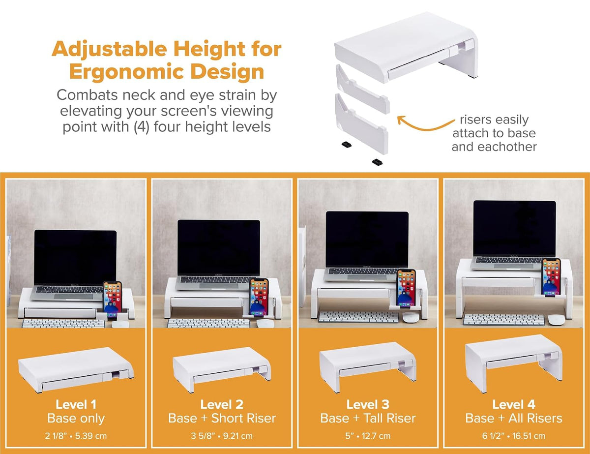 Bostitch Konnect - Elevador Ajustable para Monitor con cajón y Soporte para teléfono Celular, Soporte para computadora portátil, 4 Niveles de Altura, gestión de Cables y Patas de Goma