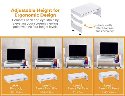 Bostitch Konnect - Elevador Ajustable para Monitor con cajón y Soporte para teléfono Celular, Soporte para computadora portátil, 4 Niveles de Altura, gestión de Cables y Patas de Goma