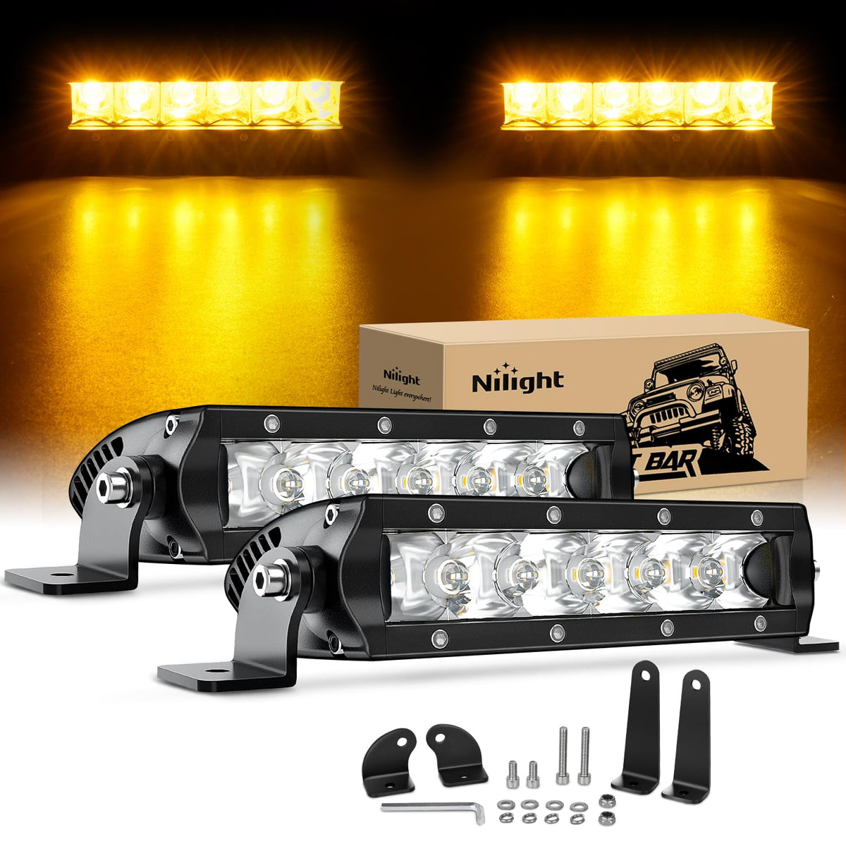 Nilight - Barra de luz LED ámbar 2 unidades de 7 pulgadas, 30 W, punto 3000 lm, súper delgada, 3D, niebla todoterreno, luces de trabajo para camiones, camionetas, SUV, ATV, UTV, barco, 4 x 4