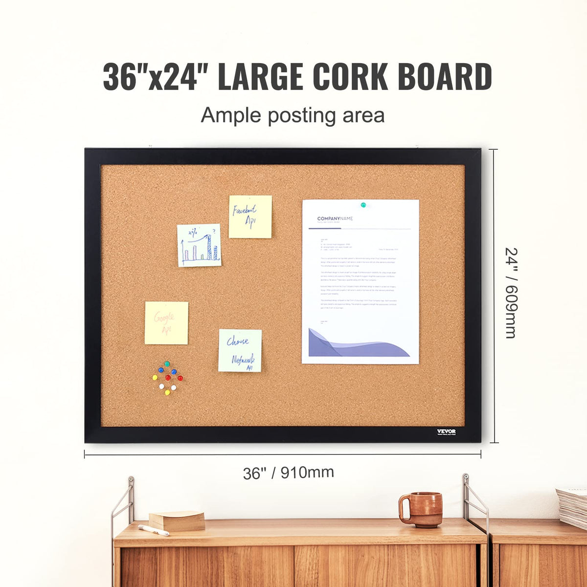 VEVOR - Tablero de corcho para oficina, tablero de anuncios de 36 x 24 pulgadas para pared, tablero de visión con marco para oficina, hogar y escuela