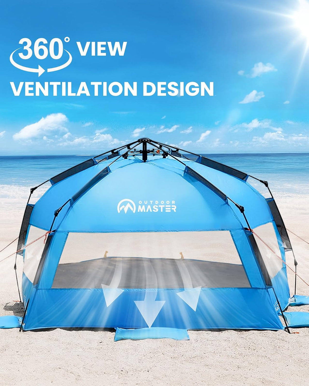 OutdoorMaster - Tienda de campaña de Playa desplegable para 4 Personas, fácil de Instalar y portátil, toldo de Playa con protección UPF 50+, protección UV, tragaluz extraíble, tamaño Familiar