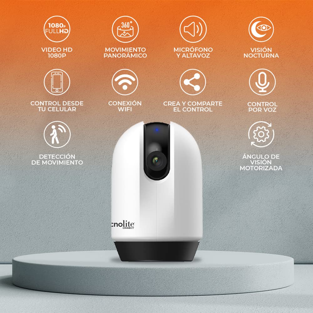 Tecnolite Connect - Cámara de Monitoreo 360° Inteligente WiFi Interiores, Altavoz y Micrófono, Visión Nocturna, Cámara fullHD Compatible con Alexa, Google Assistant, Atajos de Siri y App móvil