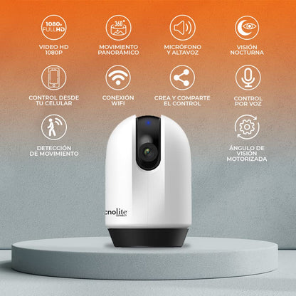 Tecnolite Connect - Cámara de Monitoreo 360° Inteligente WiFi Interiores, Altavoz y Micrófono, Visión Nocturna, Cámara fullHD Compatible con Alexa, Google Assistant, Atajos de Siri y App móvil