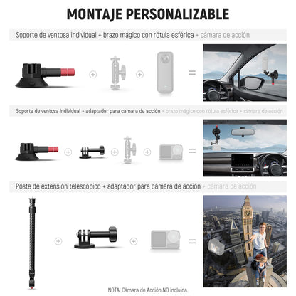 NEEWER - Kit de Montaje para Automóvil con Triple Ventosa, Soporte para cámara de Fibra de Carbono con Adaptador de cámara de acción, riel NATO y Poste de extensión de 60 cm Compatible con GoPro Insta360