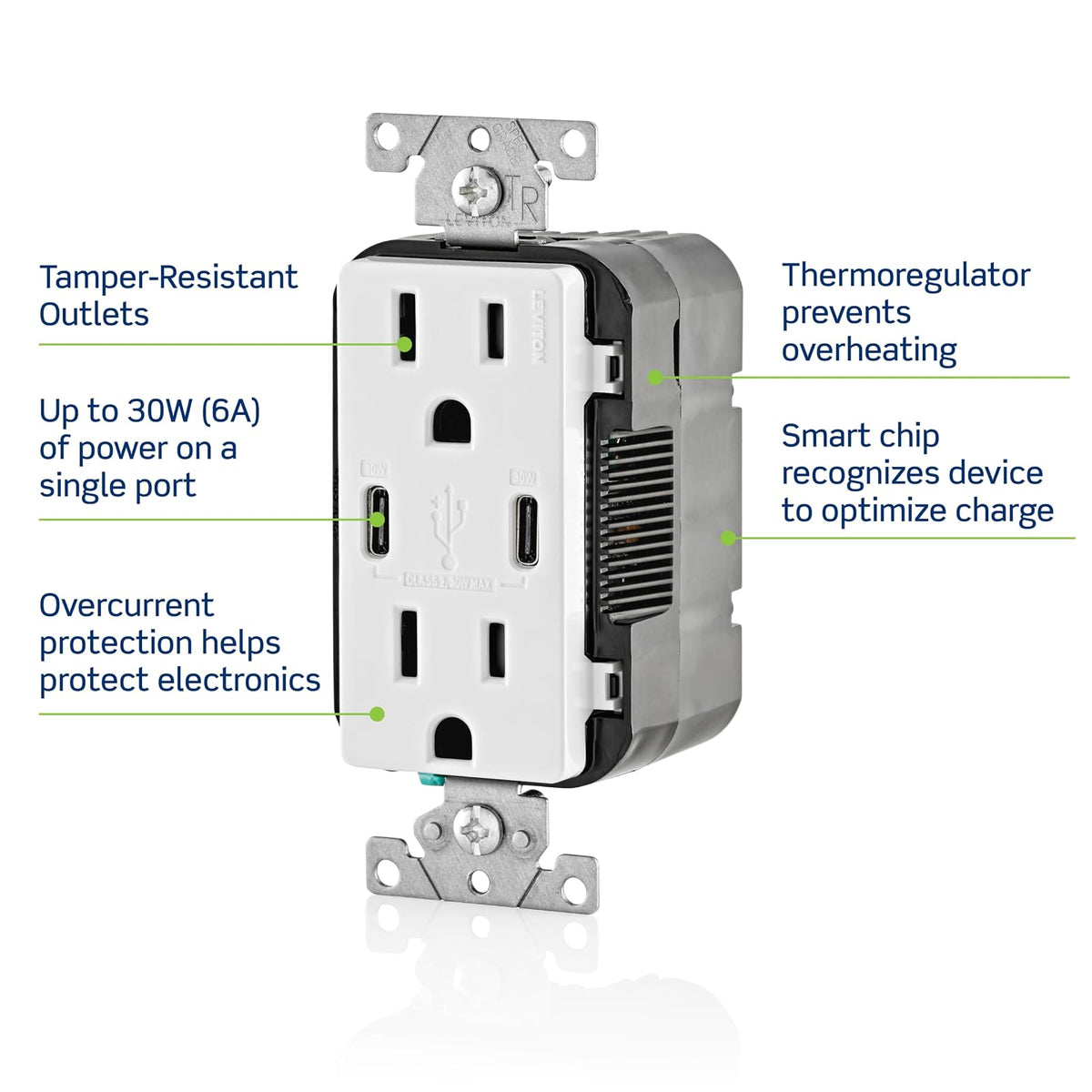 Leviton 006-T5635-00B Combinación Contacto Doble a Prueba de Manipulaciones y Contacto USB tipo C/C, Café