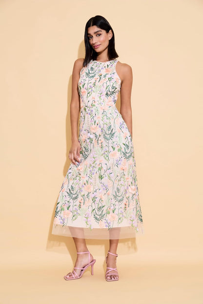 Maggy London Women's Floral Embroidered Halter Midi Dress with Back V-Neck
