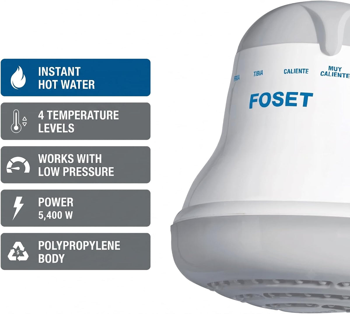 Foset REGEL-4G, Regadera eléctrica de 4 temperaturas 5-3/4" Gris