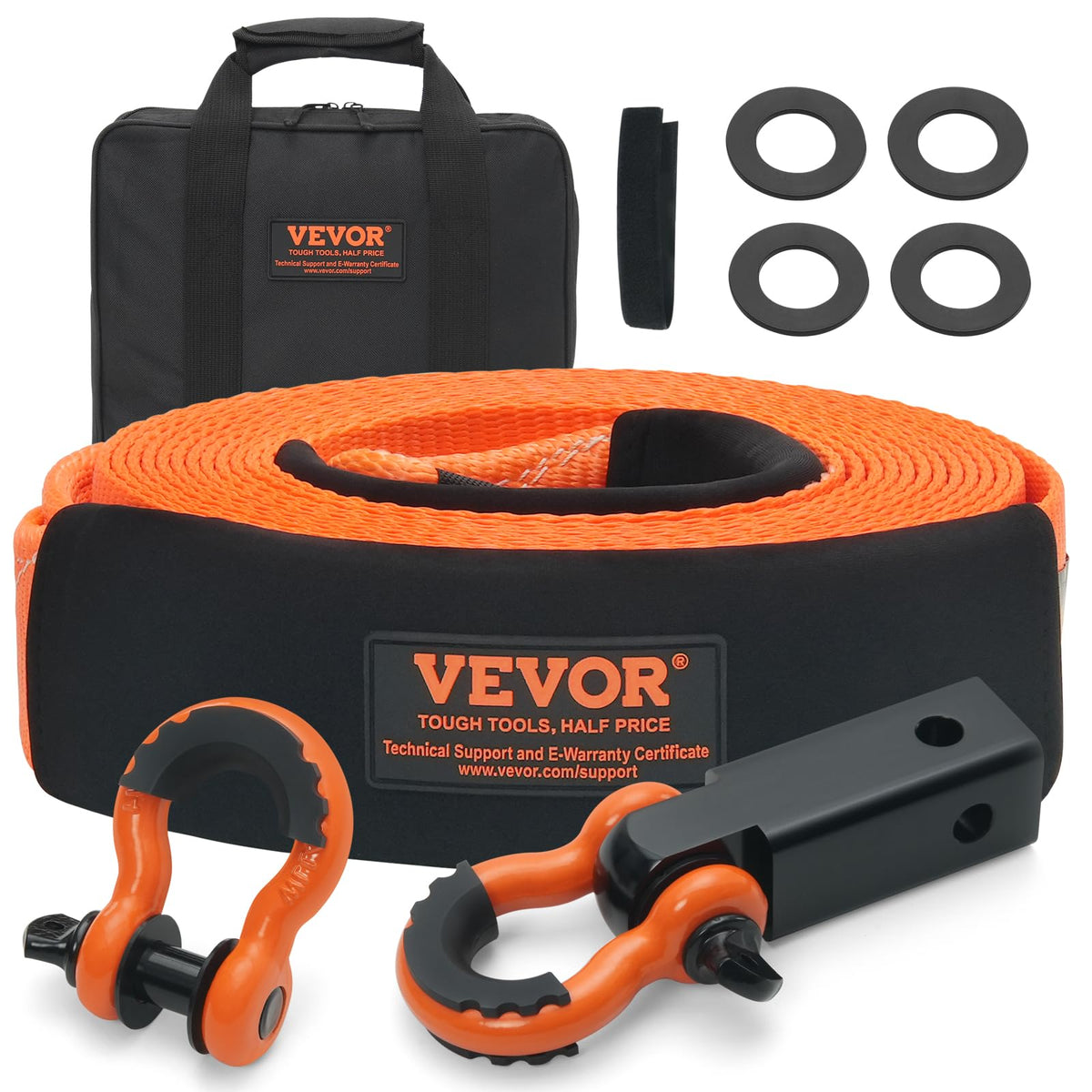 VEVOR Correa de Remolque de 76,2 mm x 9,1 m, Correa de Cabrestante para Protección de Árboles, Bucle Triple Reforzado y Fundas Protectoras y Bolsa de Almacenamiento, para Camión, Jeep, SUV, ATV